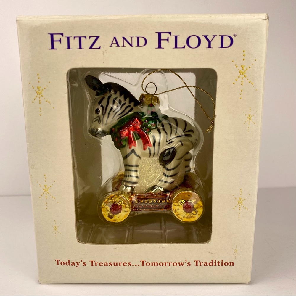 Fitz and Floyd Old Fashioned Christmas Zebra glass tree ornament, with box
